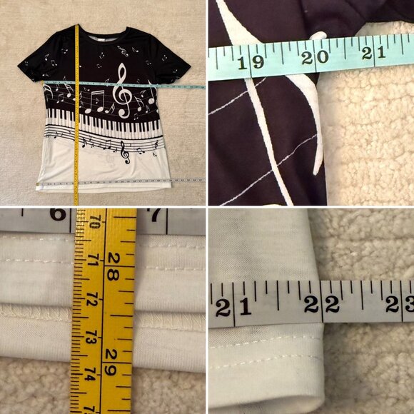 Music Note Piano Keyboard Top Size XL Black White Short Sleeve Stretch Shirt - Picture 8 of 8